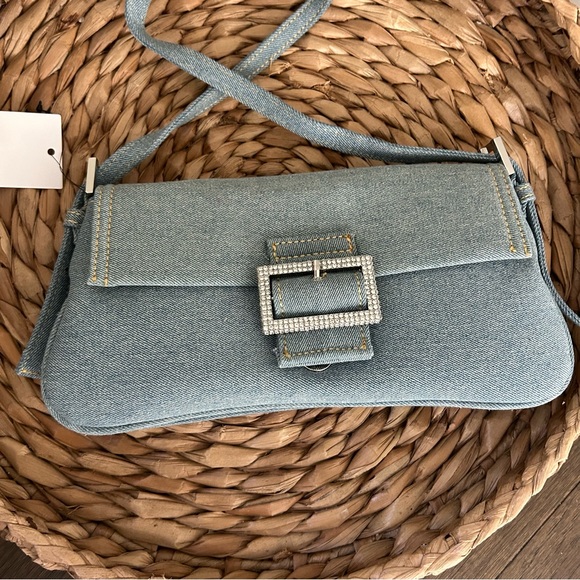 NWT Mango Denim Shoulder Bag with Crystal Buckle - Picture 3 of 12